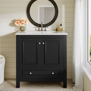 30" Bathroom Vanity Cabinet with Sink and Quartz Top - Black, 24x12