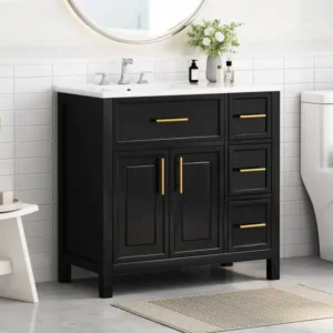Wall hung vanity unit with round resin basin (w) 1240mm - Black, 30x12