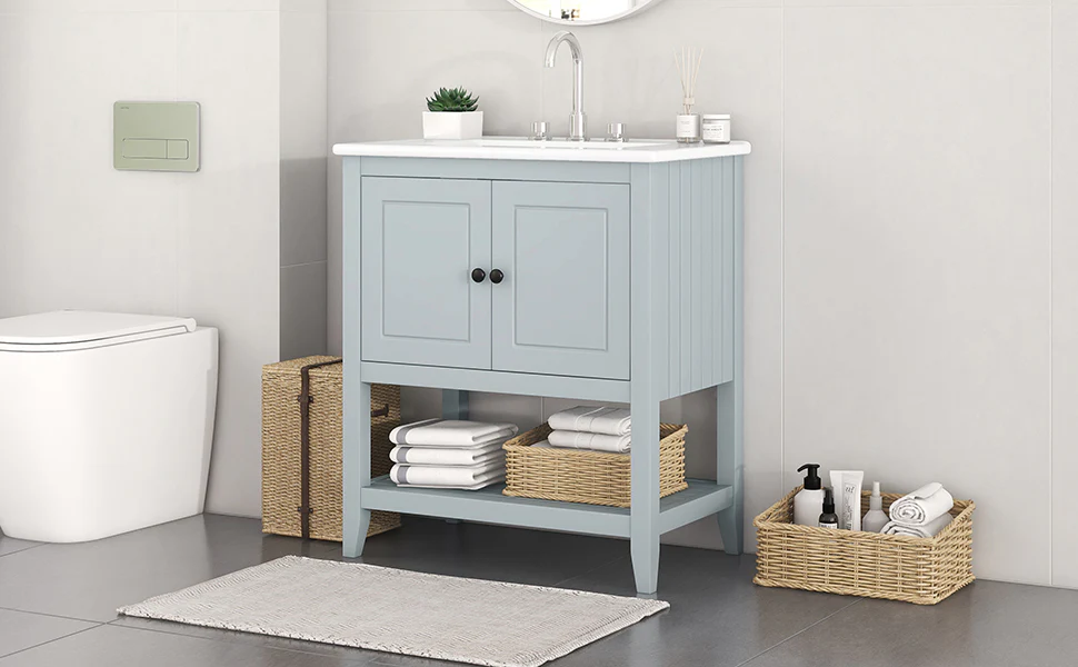 30" Modern Sleek Bathroom Vanity Elegant Ceramic Sink With Solid